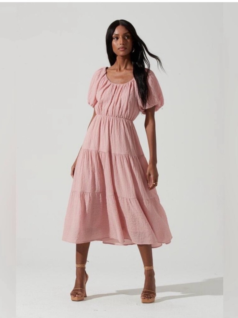 Astr Blush Pink Tiered Midi Dress with Puff Sleeves